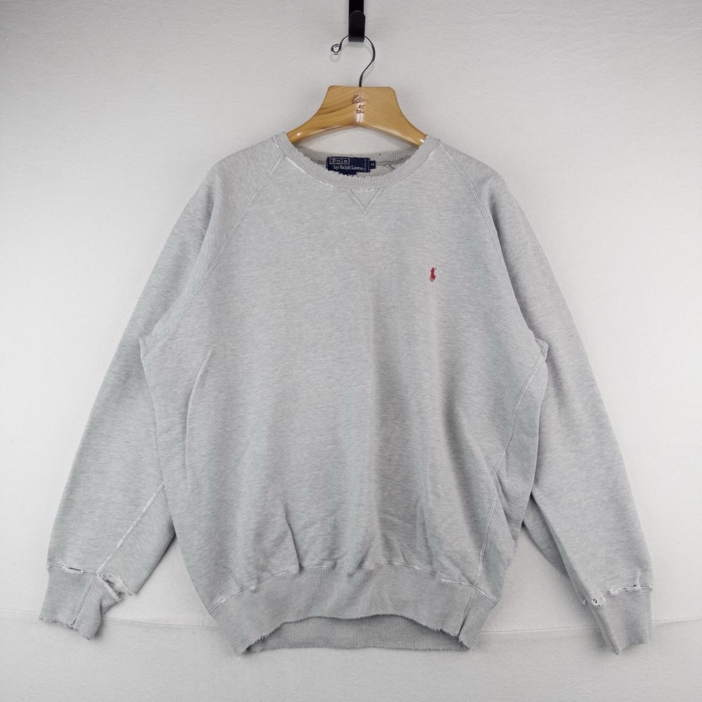 90's Vtg Polo Ralph Lauren Sweatshirt Men's M Gray 100% Cotton *Distressed